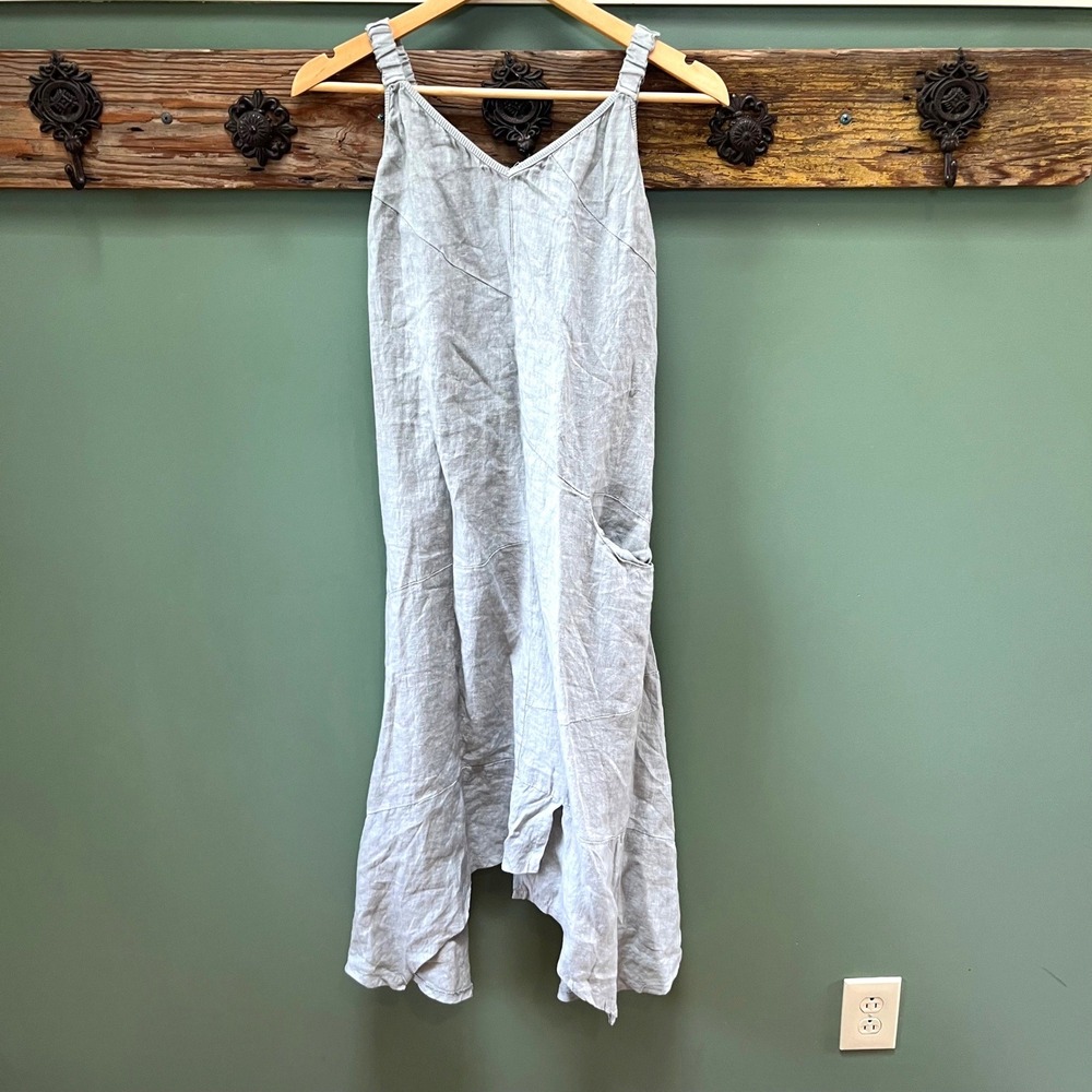 Inizio Italy Grey Linen Blend Handkerchief Hem Midi Dress V-Neck Pockets Medium